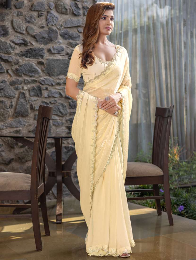women solid with embellished bordered saree with blouse