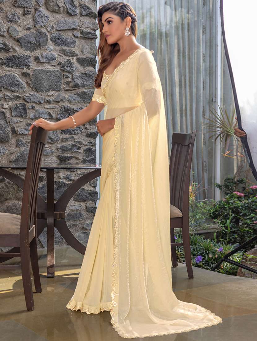 women solid with embellished bordered saree with blouse - 21962556 - Standard Image - 2