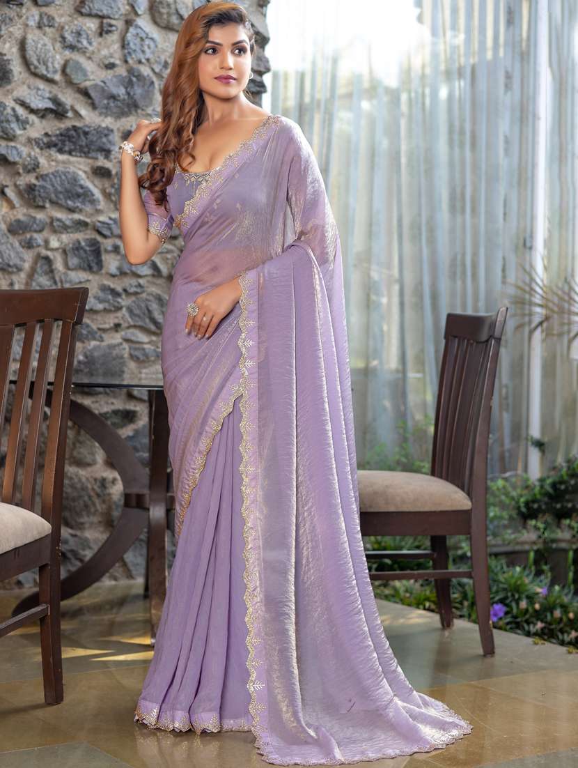 women solid with embellished bordered saree with blouse