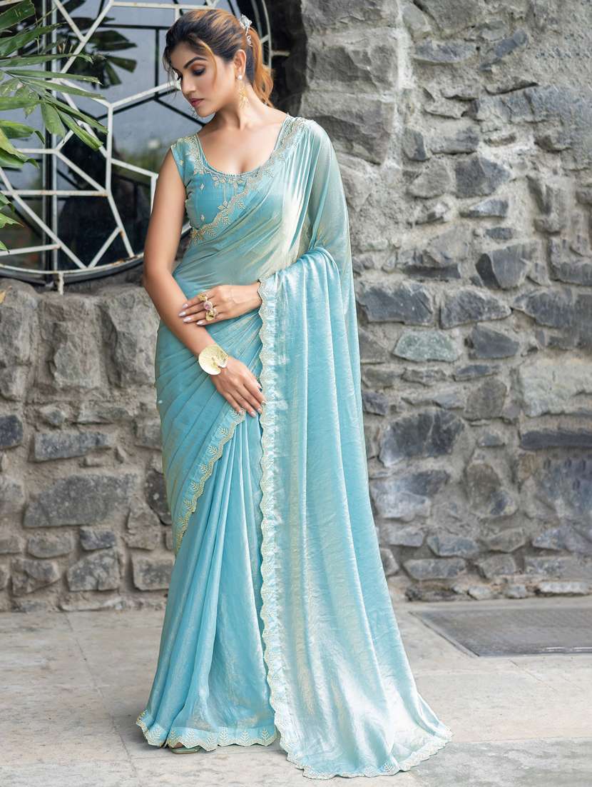women solid with embellished bordered saree with blouse