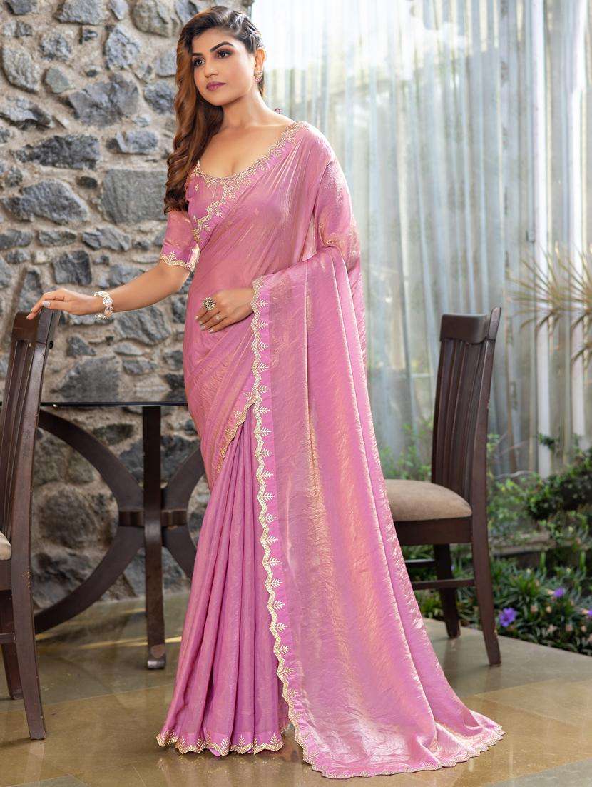 women solid with embellished bordered saree with blouse