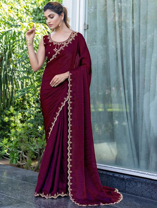 women solid with embellished bordered saree with blouse - 21962564 - Standard Image - 0