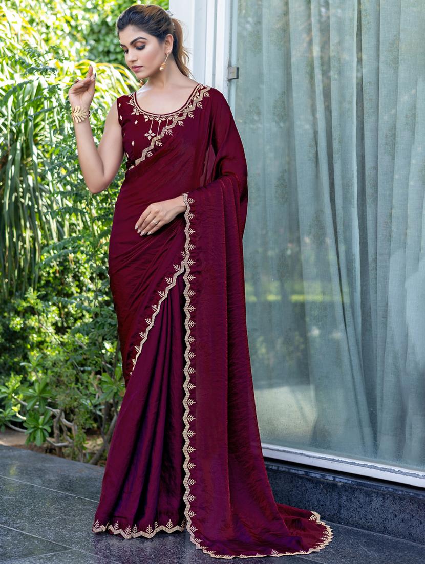 women solid with embellished bordered saree with blouse - 21962564 - Zoom Image - 0