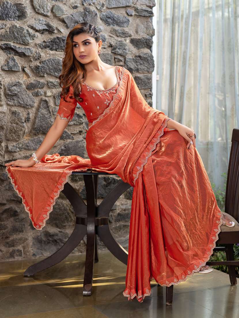 women solid with embellished bordered saree with blouse - 21962567 - Standard Image - 2
