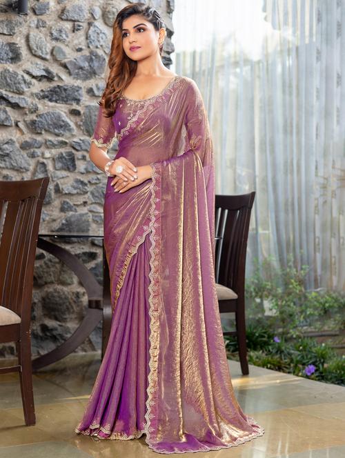women solid with embellished bordered saree with blouse - 21962570 - Standard Image - 0