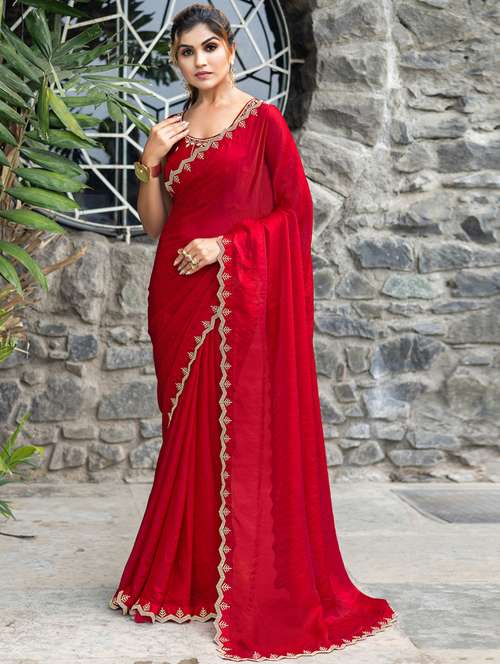 women solid with embellished bordered saree with blouse - 21962571 - Standard Image - 0
