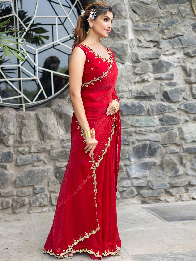 women solid with embellished bordered saree with blouse - 21962571 - Standard Image - 2