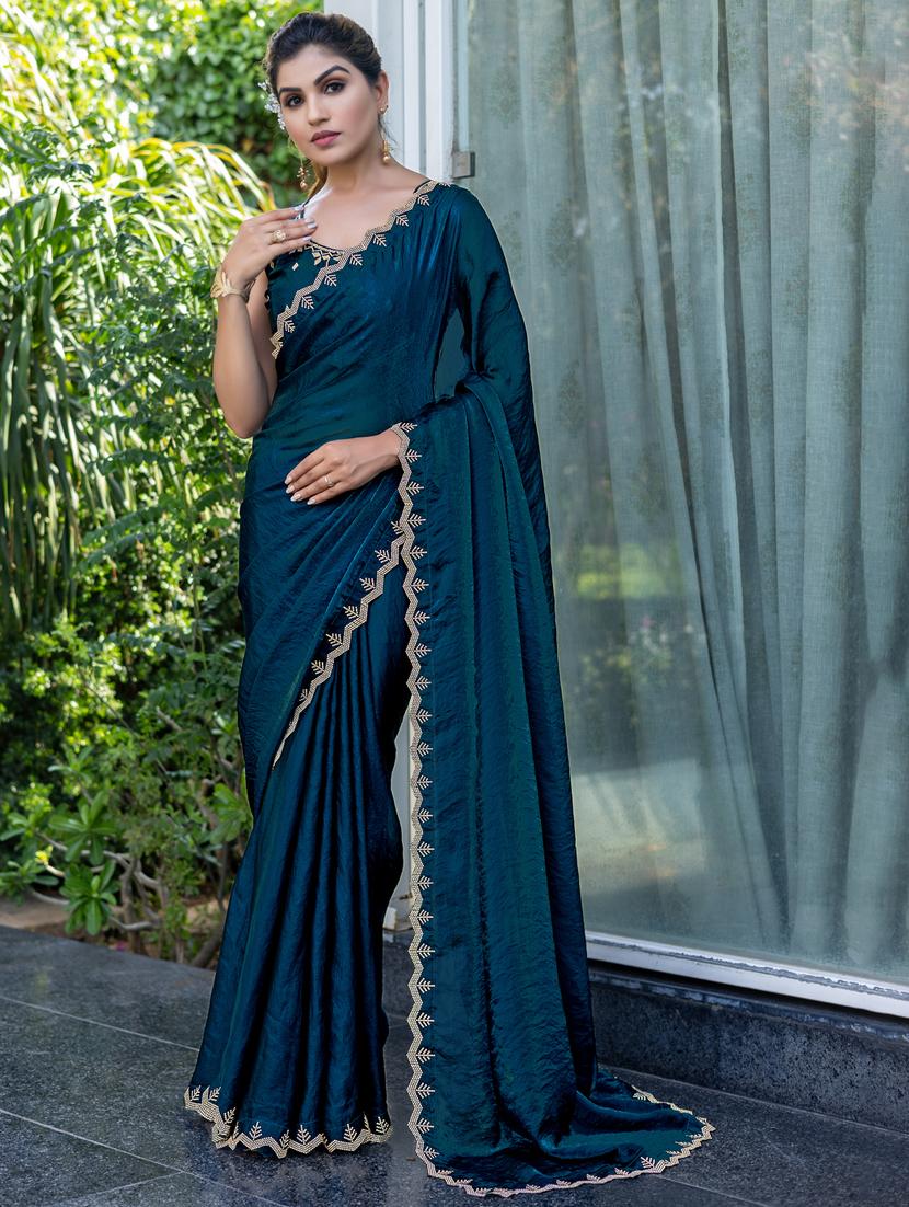 women solid with embellished bordered saree with blouse - 21962572 - Zoom Image - 0