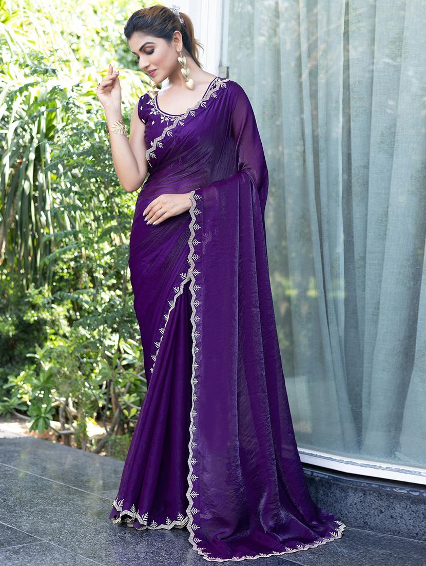 women solid with embellished bordered saree with blouse - 21962574 - Standard Image - 2