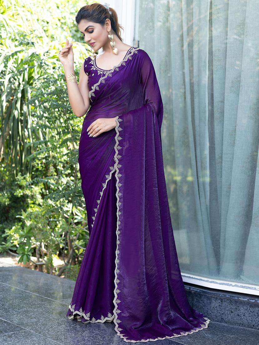 women solid with embellished bordered saree with blouse - 21962574 -  Standard Image - 2