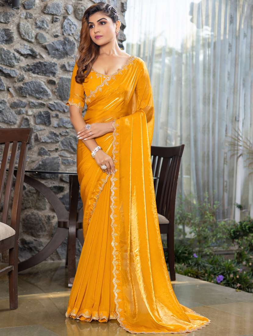 women solid with embellished bordered saree with blouse