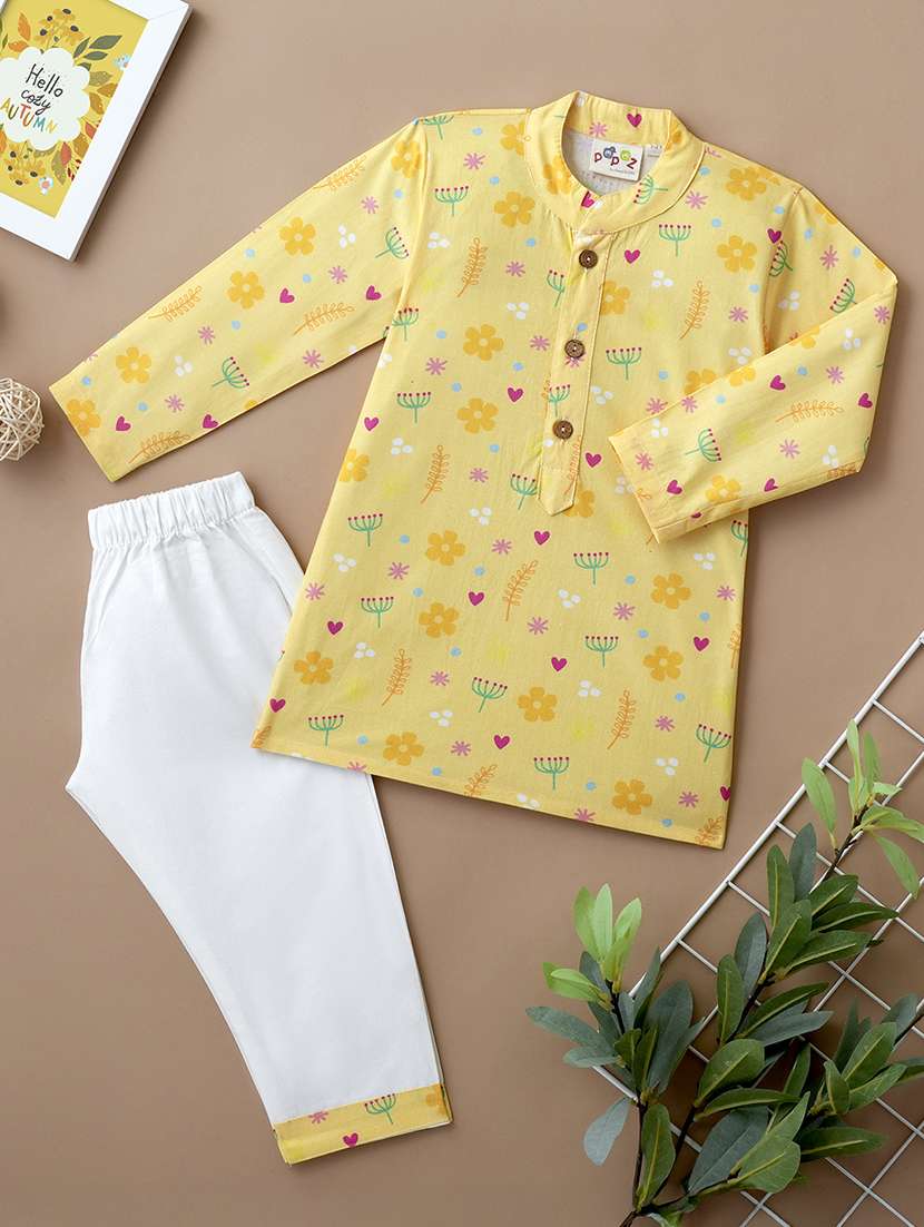 boys printed long sleeve kurta & pyjama set