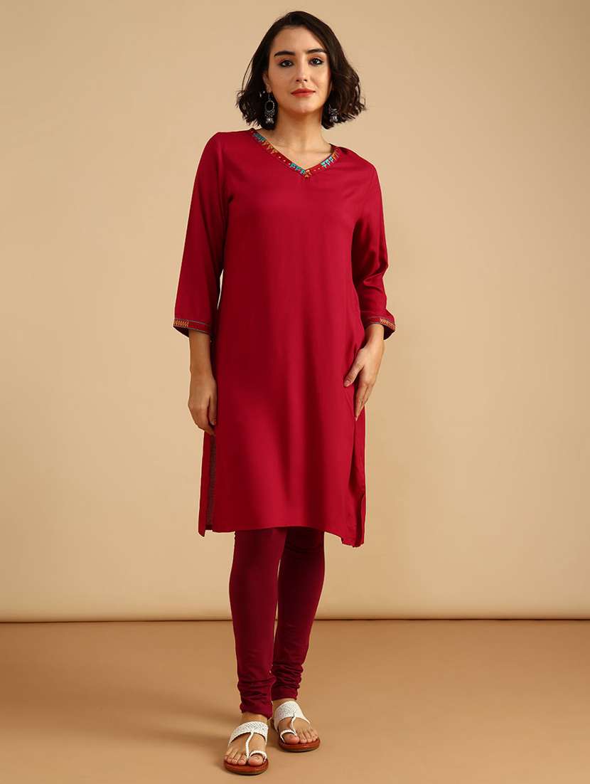 women three quarter sleeve straight kurta - 21962781 -  Standard Image - 2