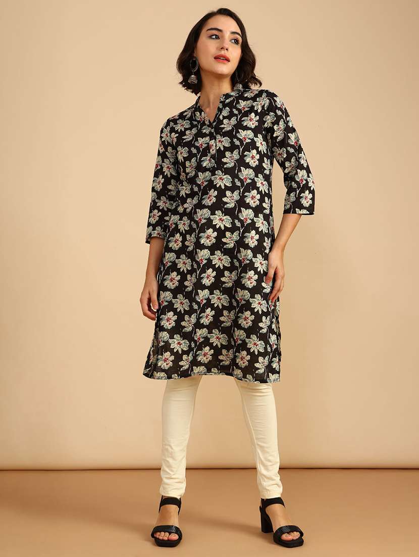 women floral three quarter sleeve straight kurta - 21962784 -  Standard Image - 2