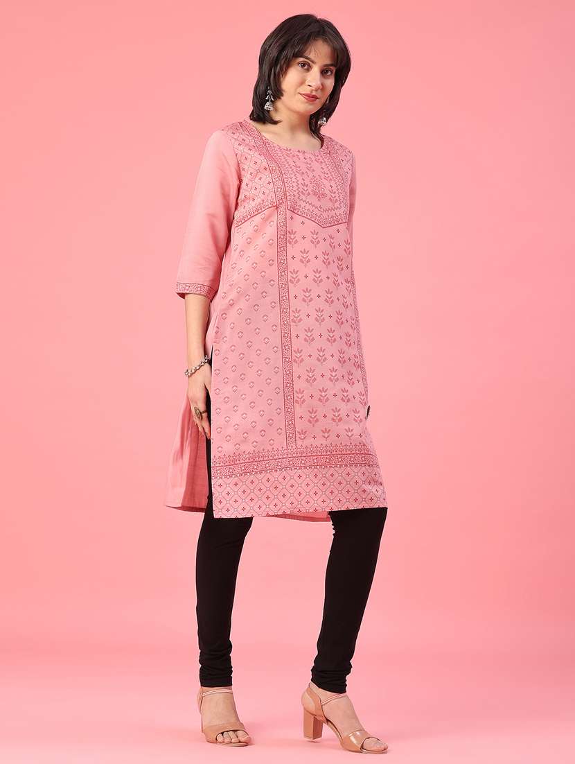 women printed three quarter sleeve straight kurta - 21962814 -  Standard Image - 2