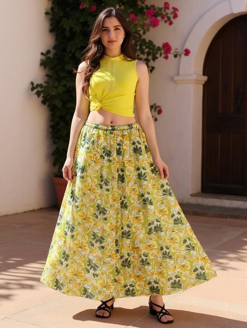 women floral print mid rise flared maxi skirt
