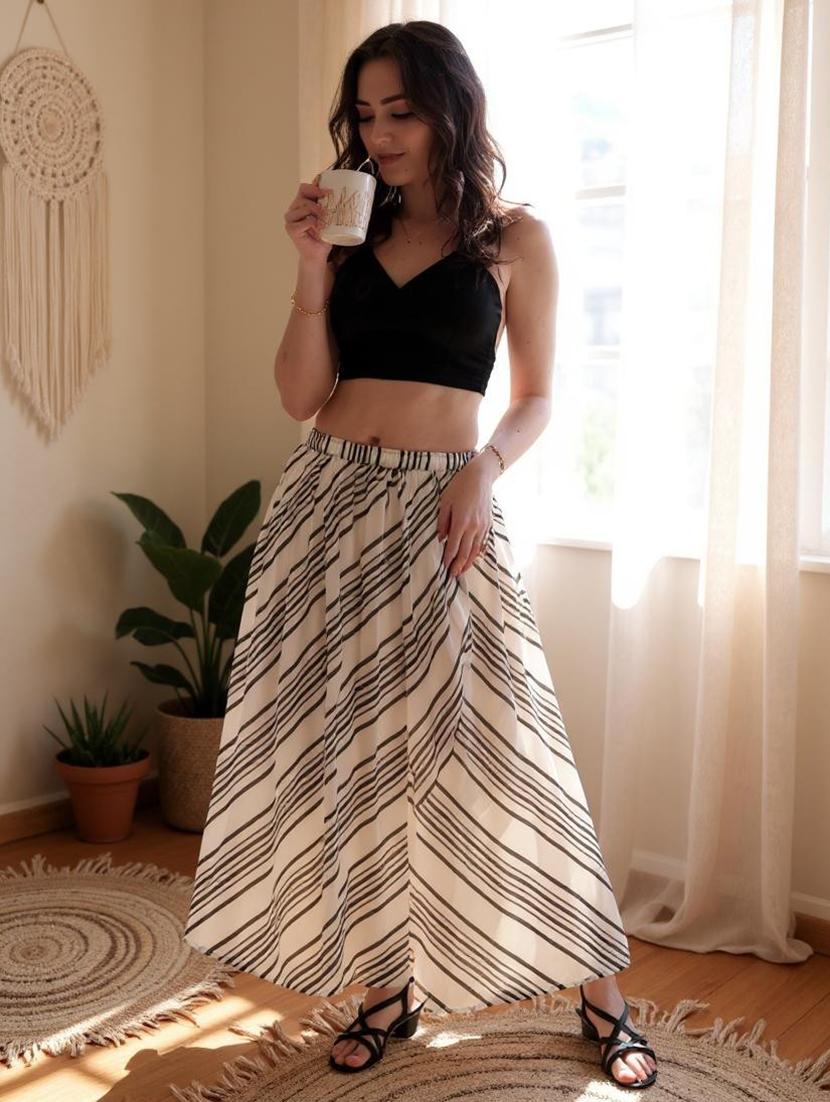 hive91 flared white chiffon striped skirt - 21962953 -  Zoom Image - 0