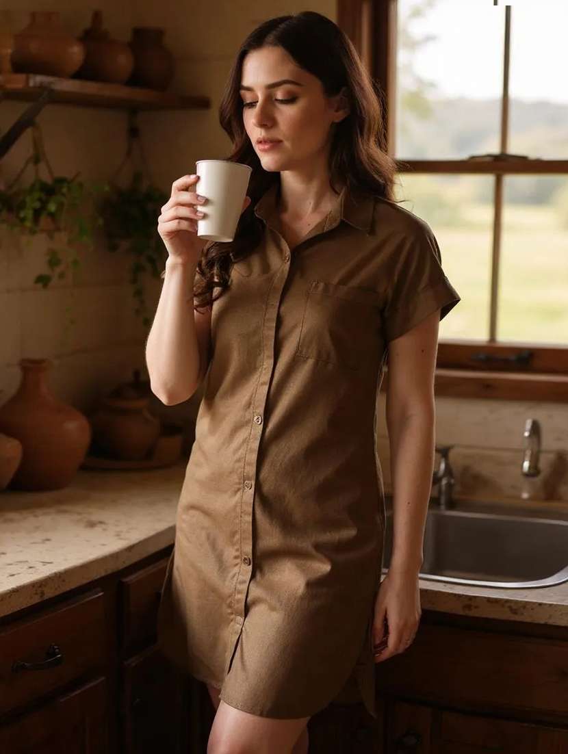 women solid collared short sleeve shirt dress