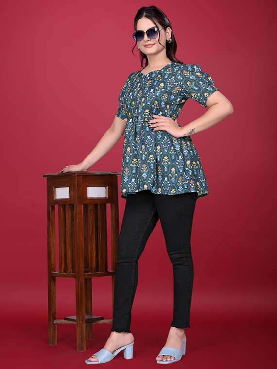 women teal printed puff sleeve a-line tunic