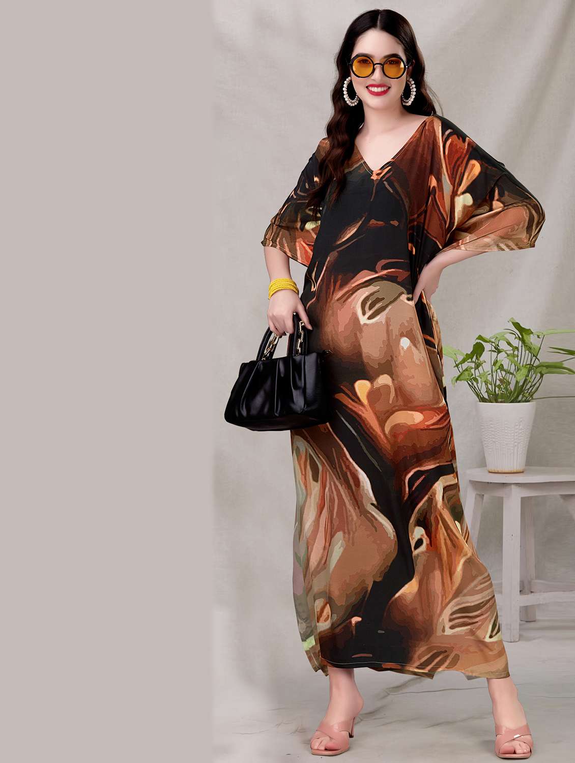 women printed kimono sleeve kaftan dress