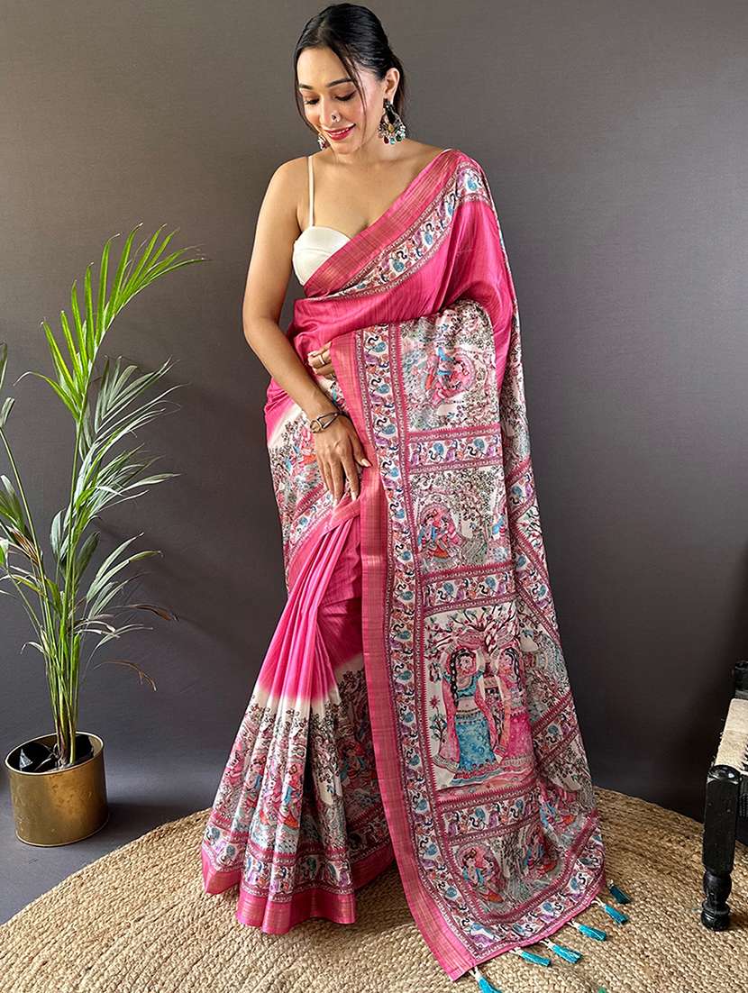women madhubani printed saree with blouse