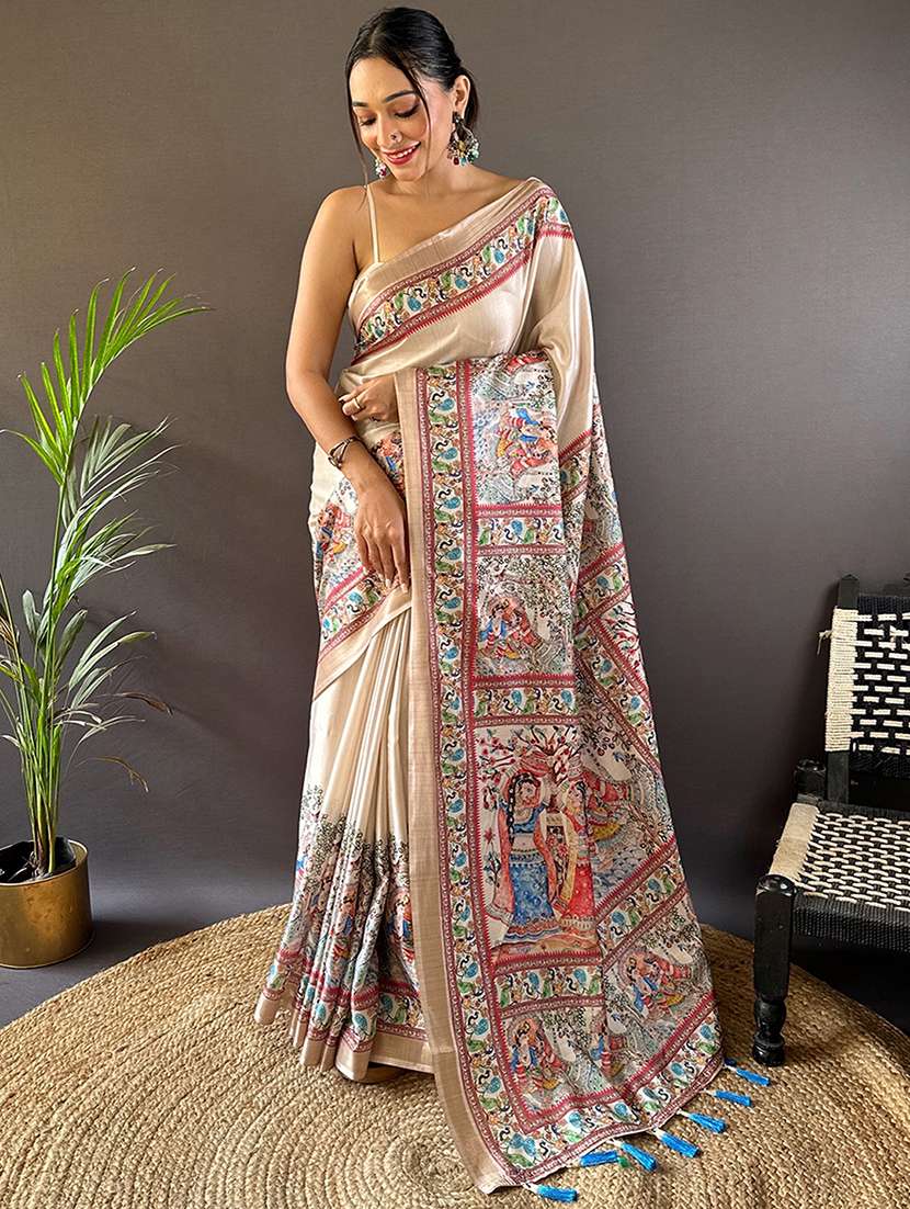 women madhubani printed saree with blouse