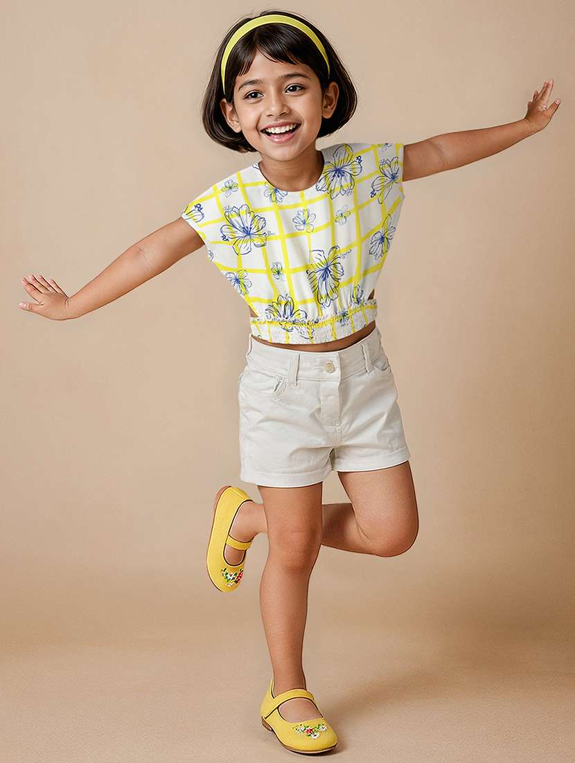 girls white printed cap sleeve crop top