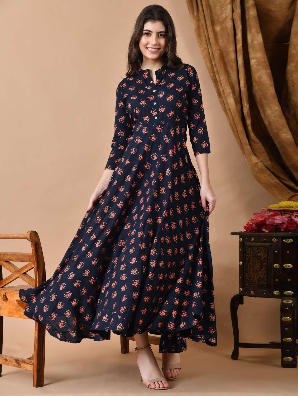 women three quarter sleeve anarkali ethnic dress