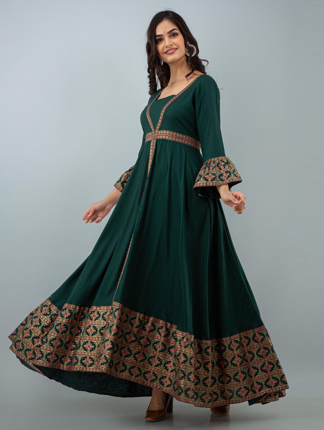 women green bell sleeve flared ethnic dress - 21963323 - Standard Image - 2