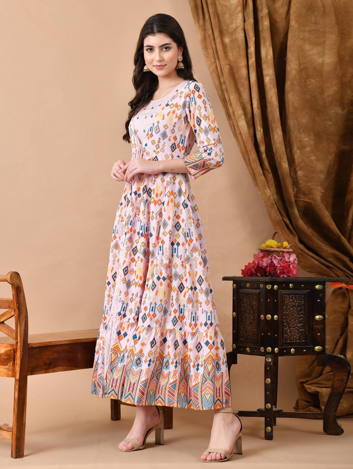 women printed three quarter sleeve ethnic dress - 21963327 - Standard Image - 2