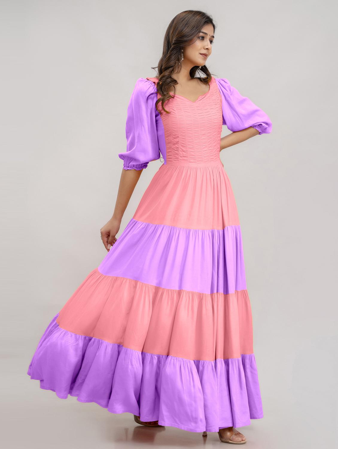 women color block puff sleeve tiered dress - 21963329 - Standard Image - 2