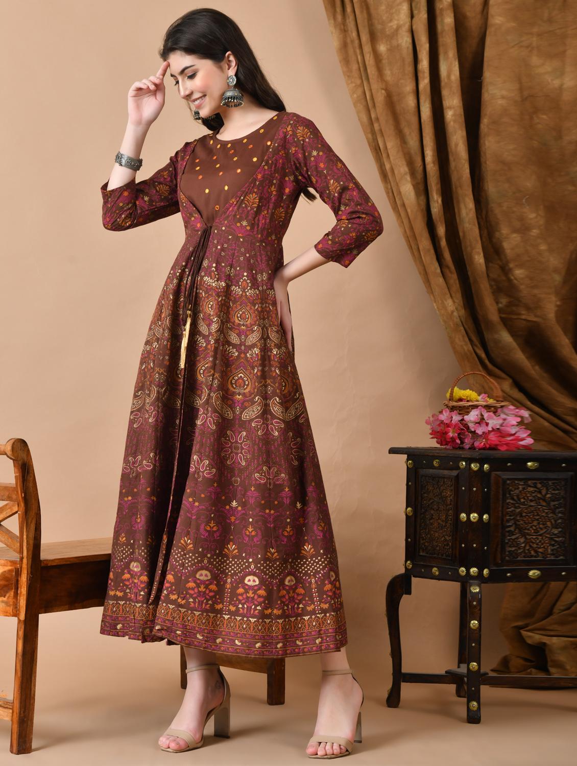 women printed three quarter sleeve ethnic dress - 21963330 - Standard Image - 2