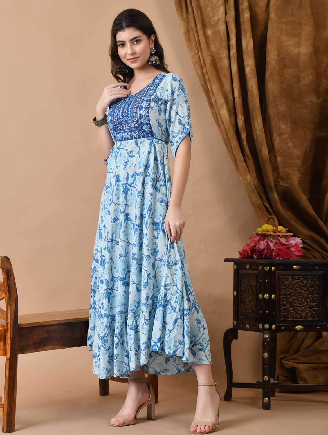 women floral printed three quarter sleeve ethnic dress - 21963334 - Standard Image - 2