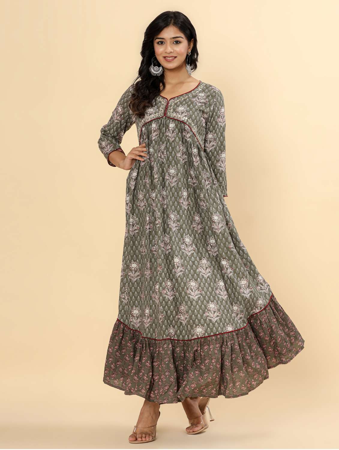 women printed three quarter sleeve ethnic dress - 21963335 - Zoom Image - 0