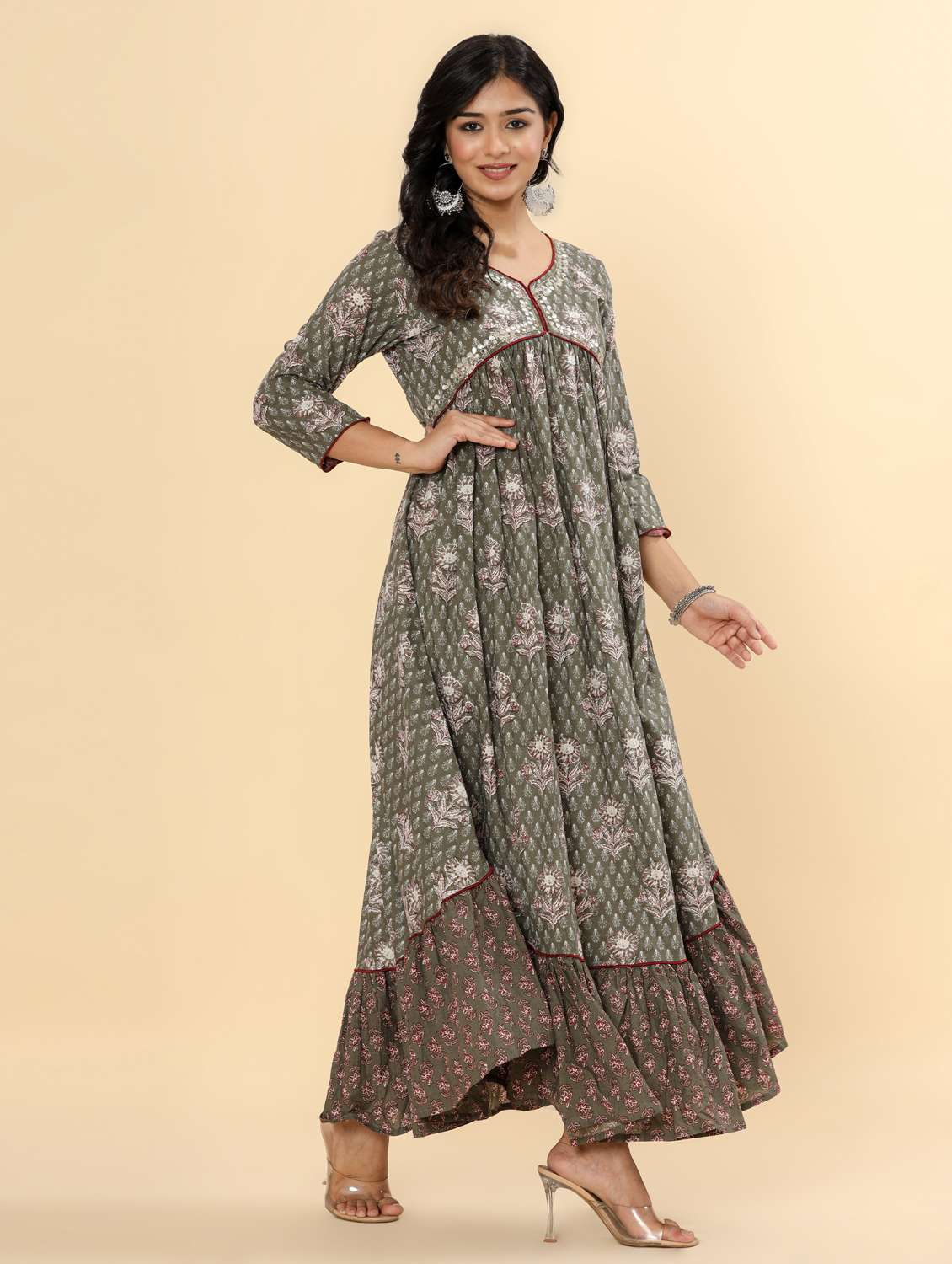 women printed three quarter sleeve ethnic dress - 21963335 - Standard Image - 2