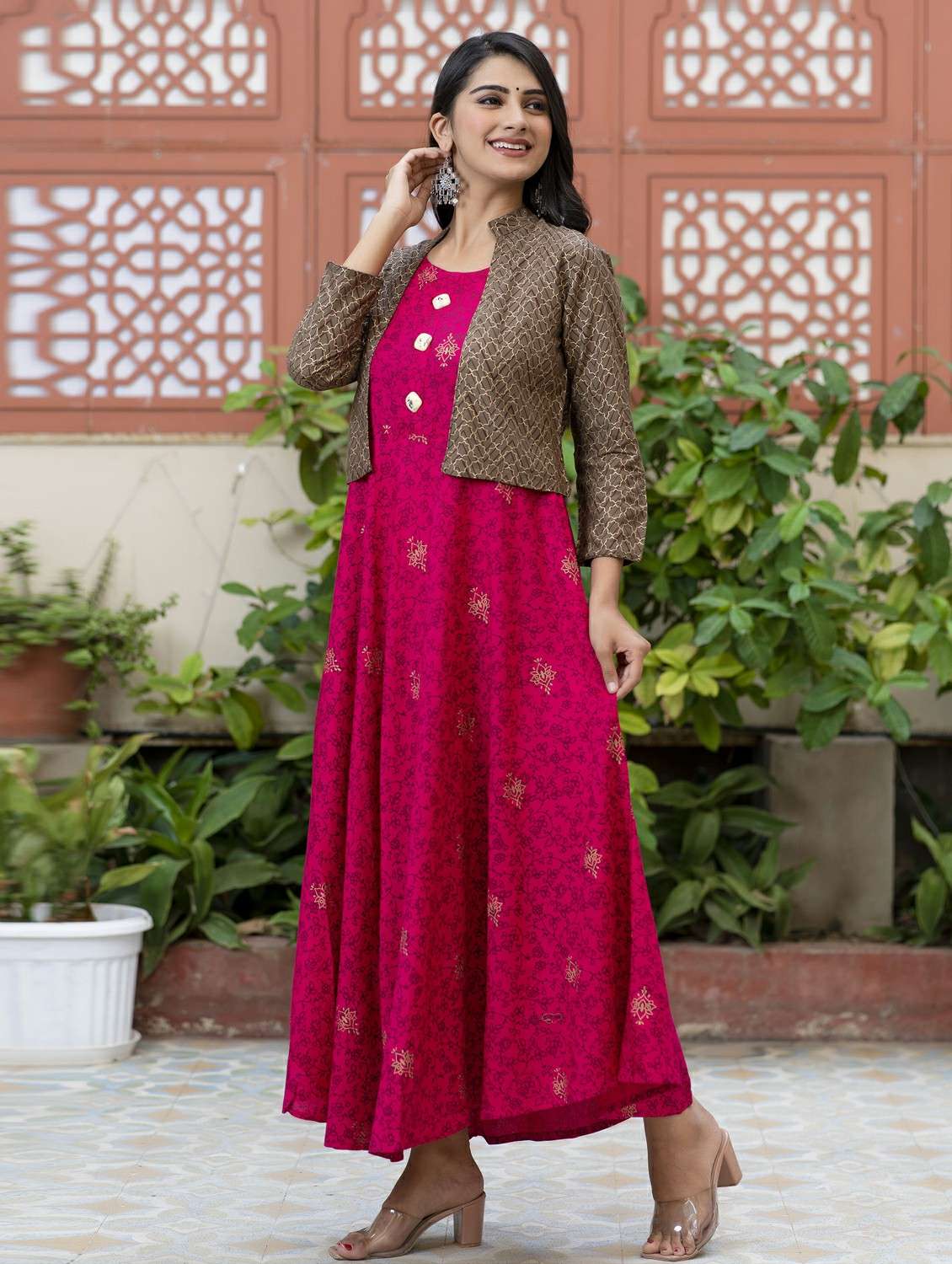 women floral printed three quarter sleeve ethnic dress - 21963338 - Standard Image - 2