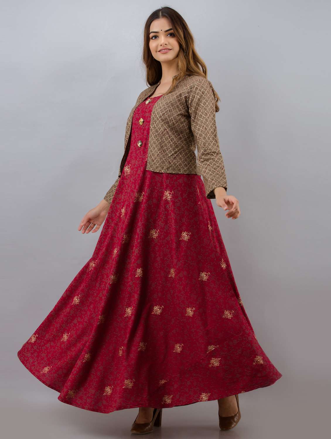 women floral printed three quarter sleeve ethnic dress - 21963339 - Standard Image - 2