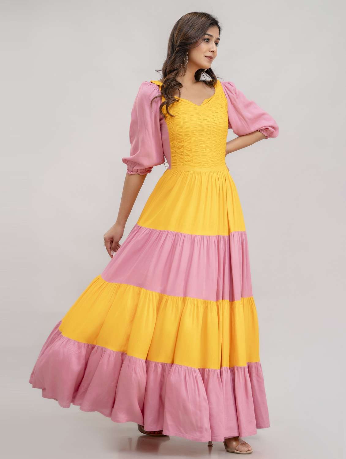 women color block puff sleeve tiered dress - 21963340 -  Standard Image - 2