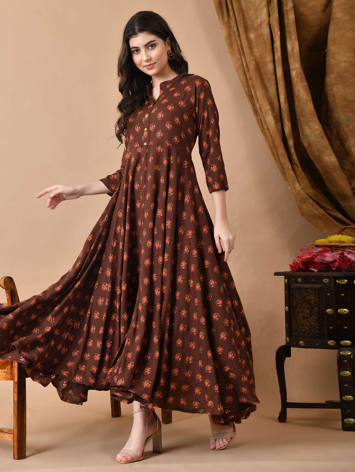 women floral printed three quarter sleeve ethnic dress - 21963341 - Standard Image - 2