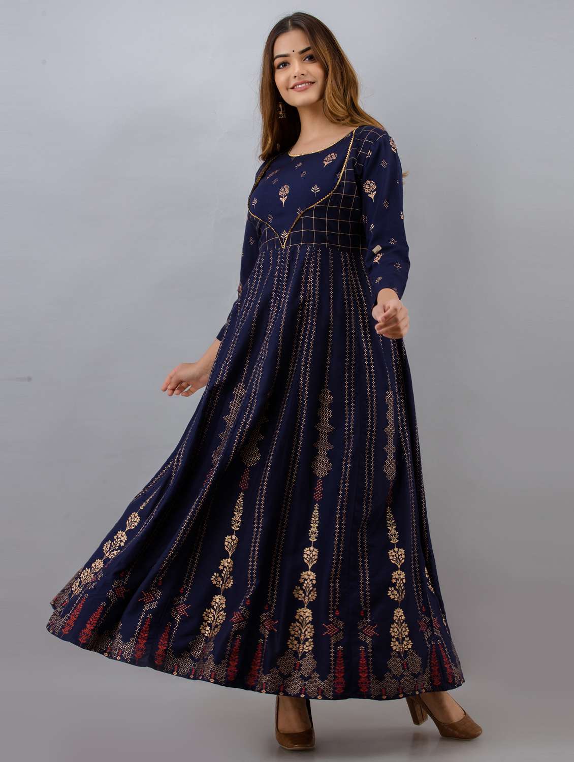 women printed three quarter sleeve ethnic dress - 21963342 -  Standard Image - 2