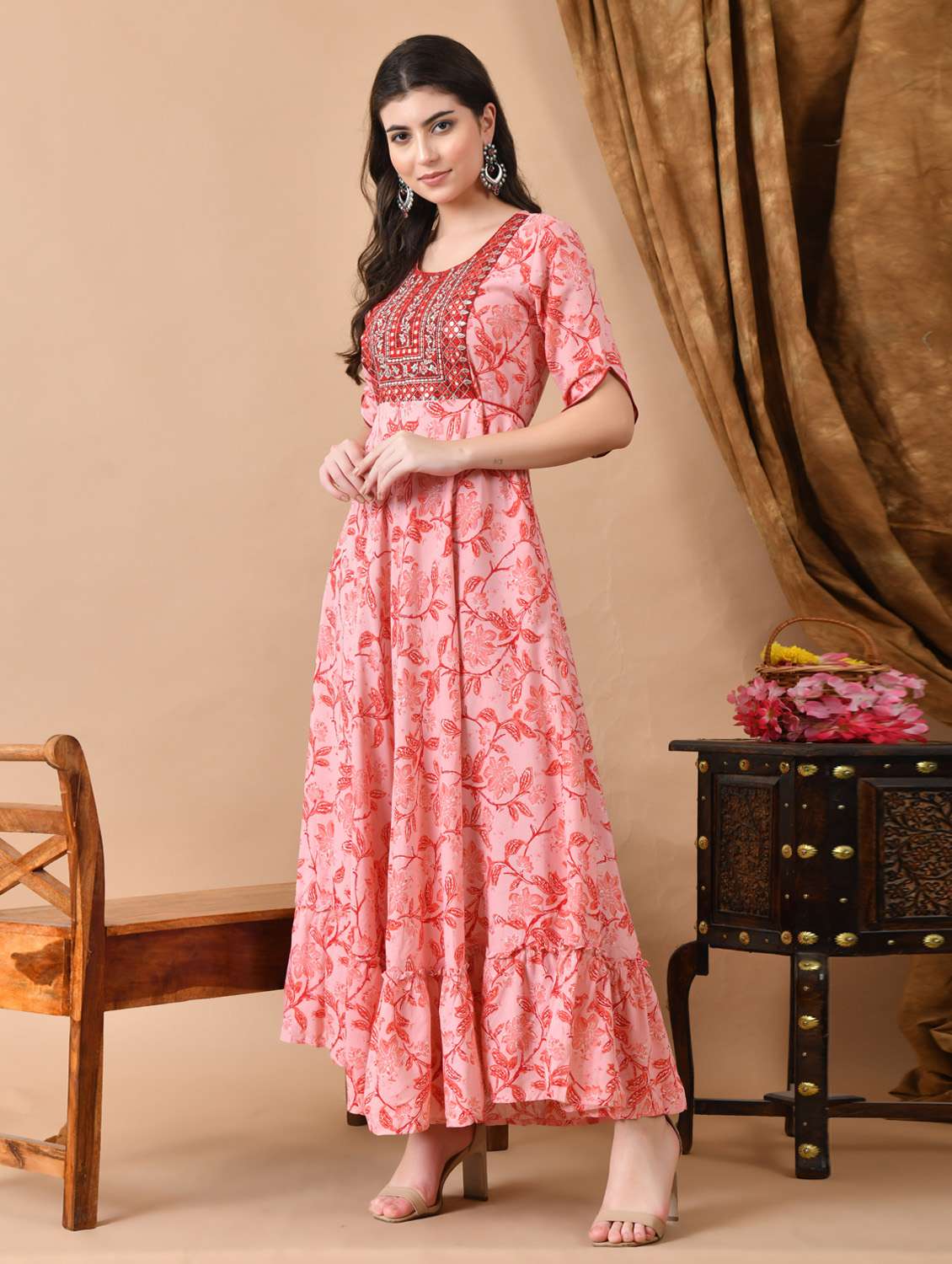 women floral printed three quarter sleeve ethnic dress - 21963343 - Standard Image - 2