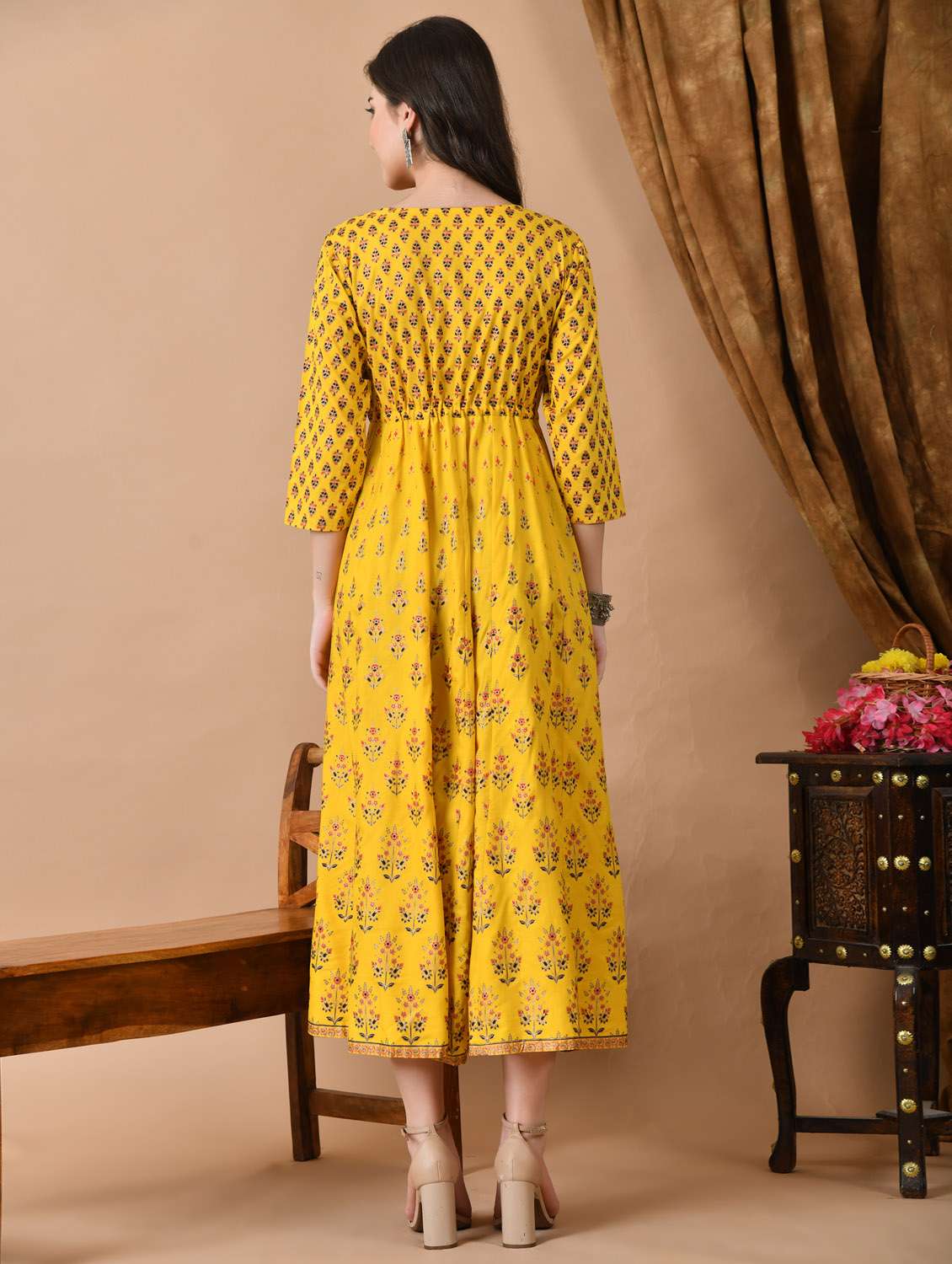women printed three quarter sleeve ethnic dress - 21963345 - Standard Image - 2