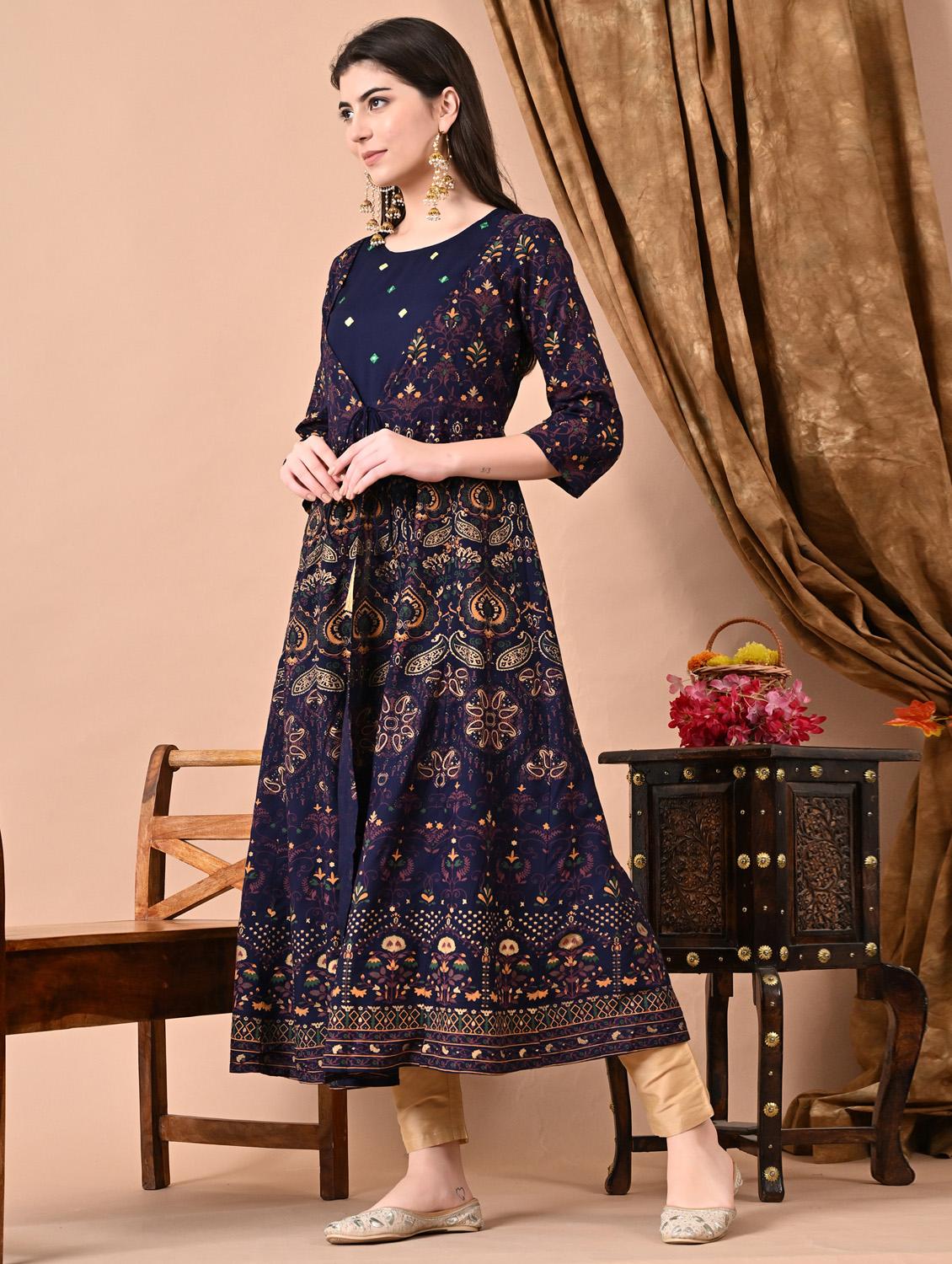 women printed three quarter sleeve flared kurta - 21963347 - Standard Image - 2