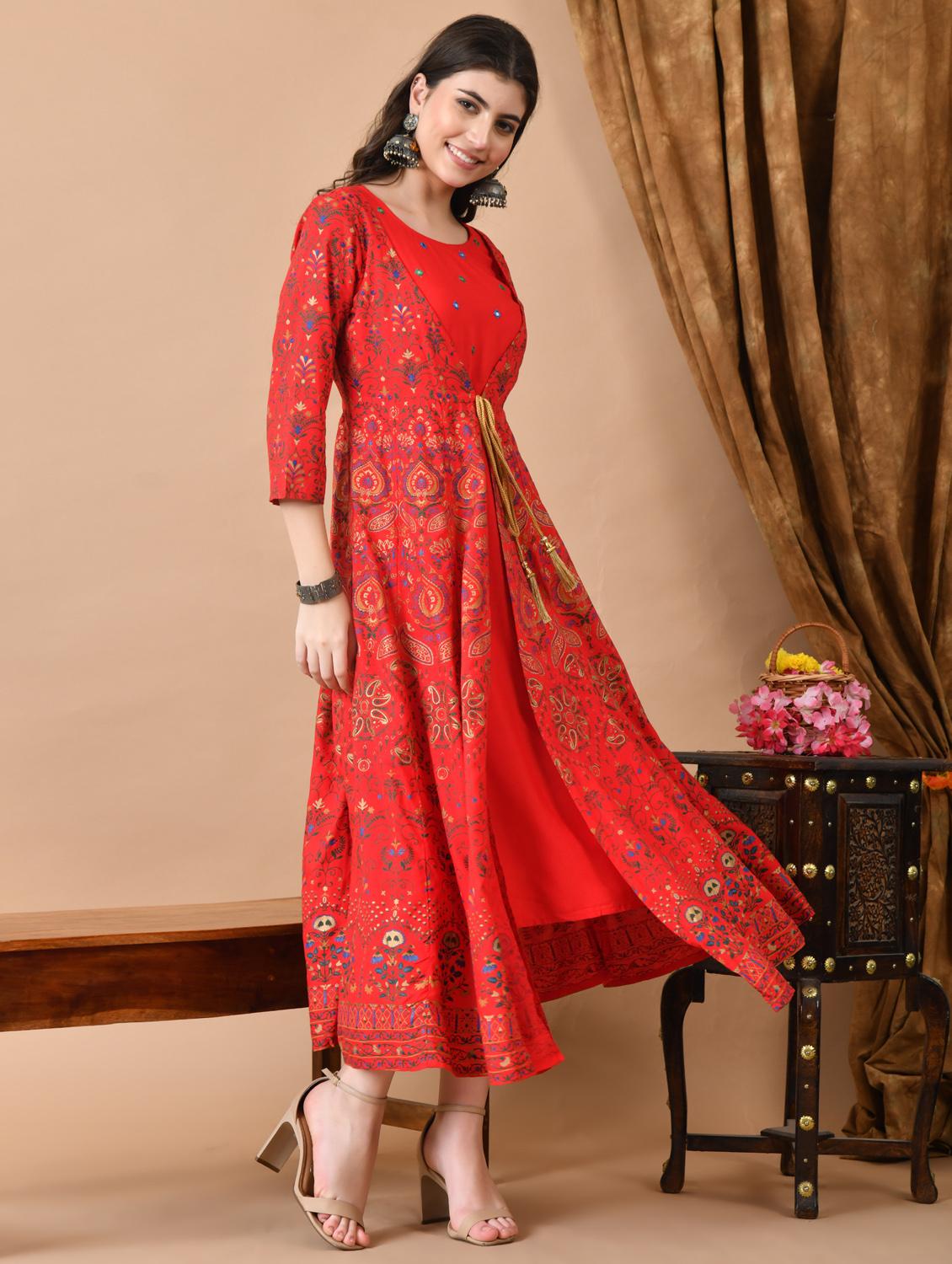 women printed three quarter sleeve ethnic dress - 21963348 - Standard Image - 2