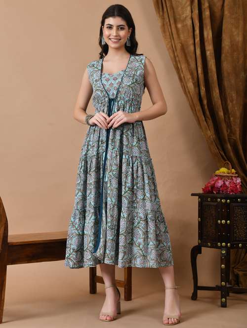 women blue floral printed sleeveless tiered ethnic dress - 21963352 -  Standard Image - 0