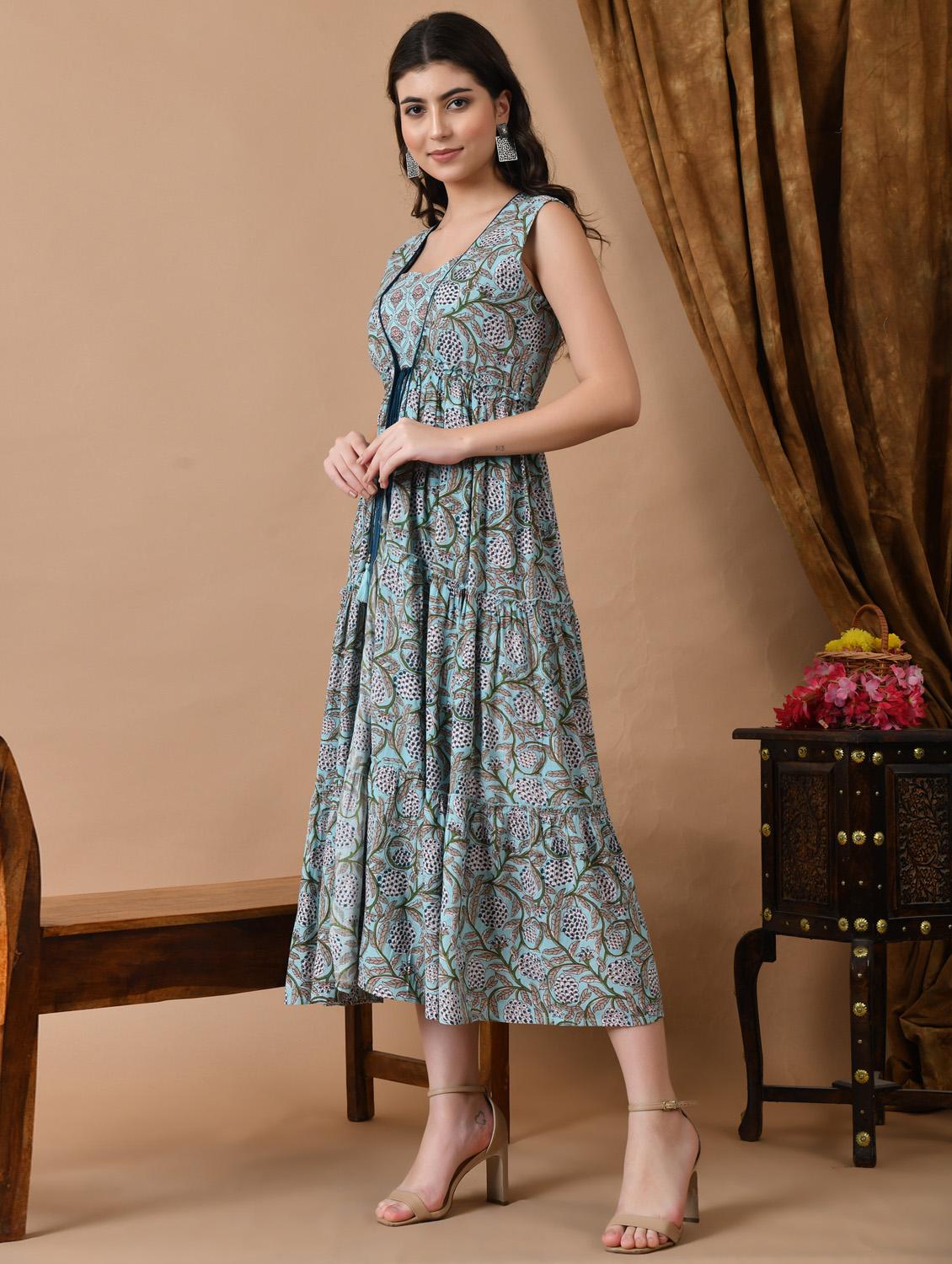 women blue floral printed sleeveless tiered ethnic dress - 21963352 - Standard Image - 2
