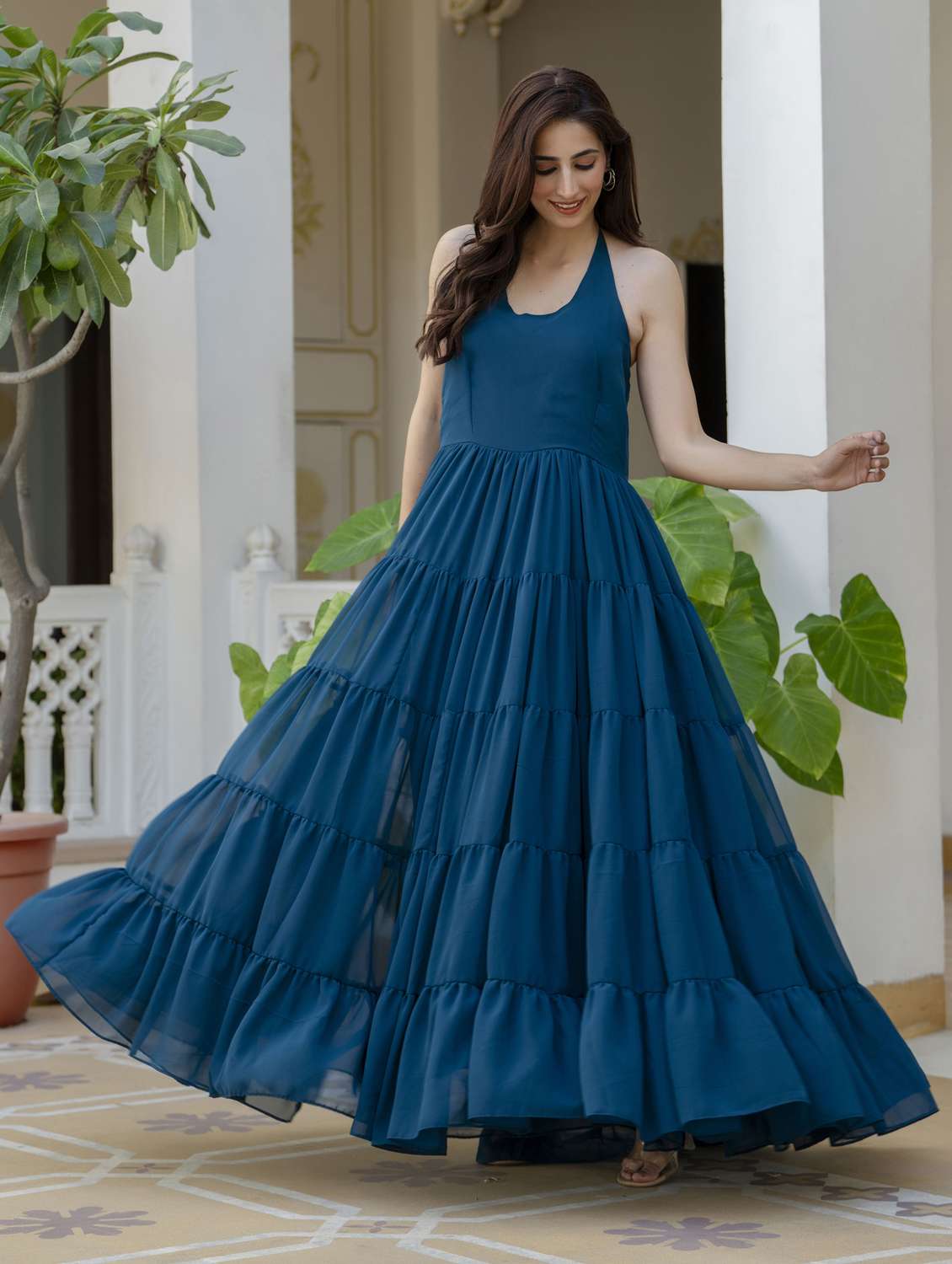 women teal solid halter neck tiered dress