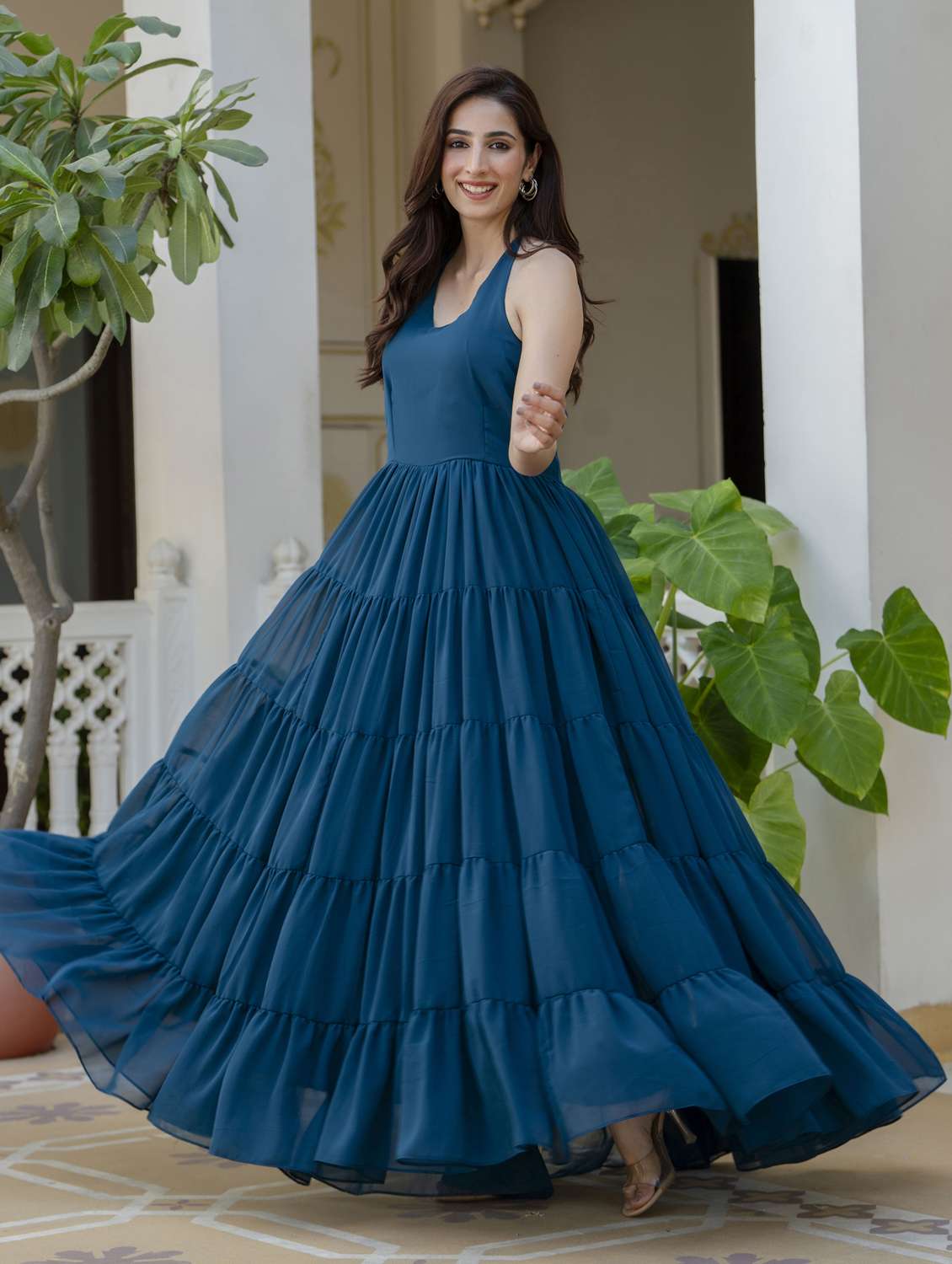 women teal solid halter neck tiered dress - 21963353 -  Standard Image - 2