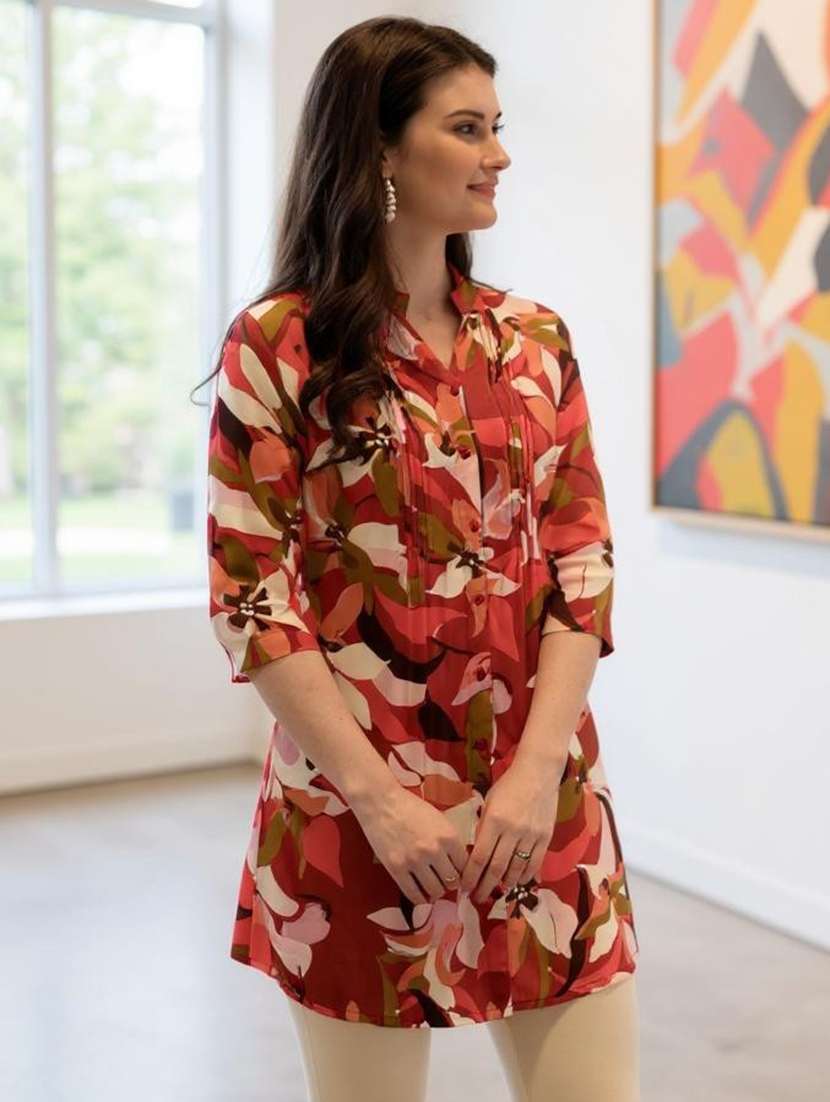 women floral print mandarin neck tunic - 21963355 -  Zoom Image - 0
