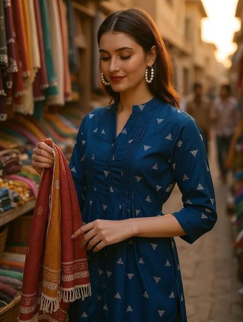 women blue printed mandarin neck tunic - 21963357 - Standard Image - 0